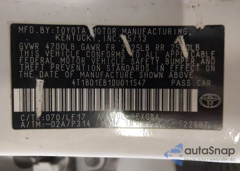 2013 Toyota Avalon Hybrid Xle Premium z USA, uszkodzony, nr VIN 4T1BD1EB1DU011547